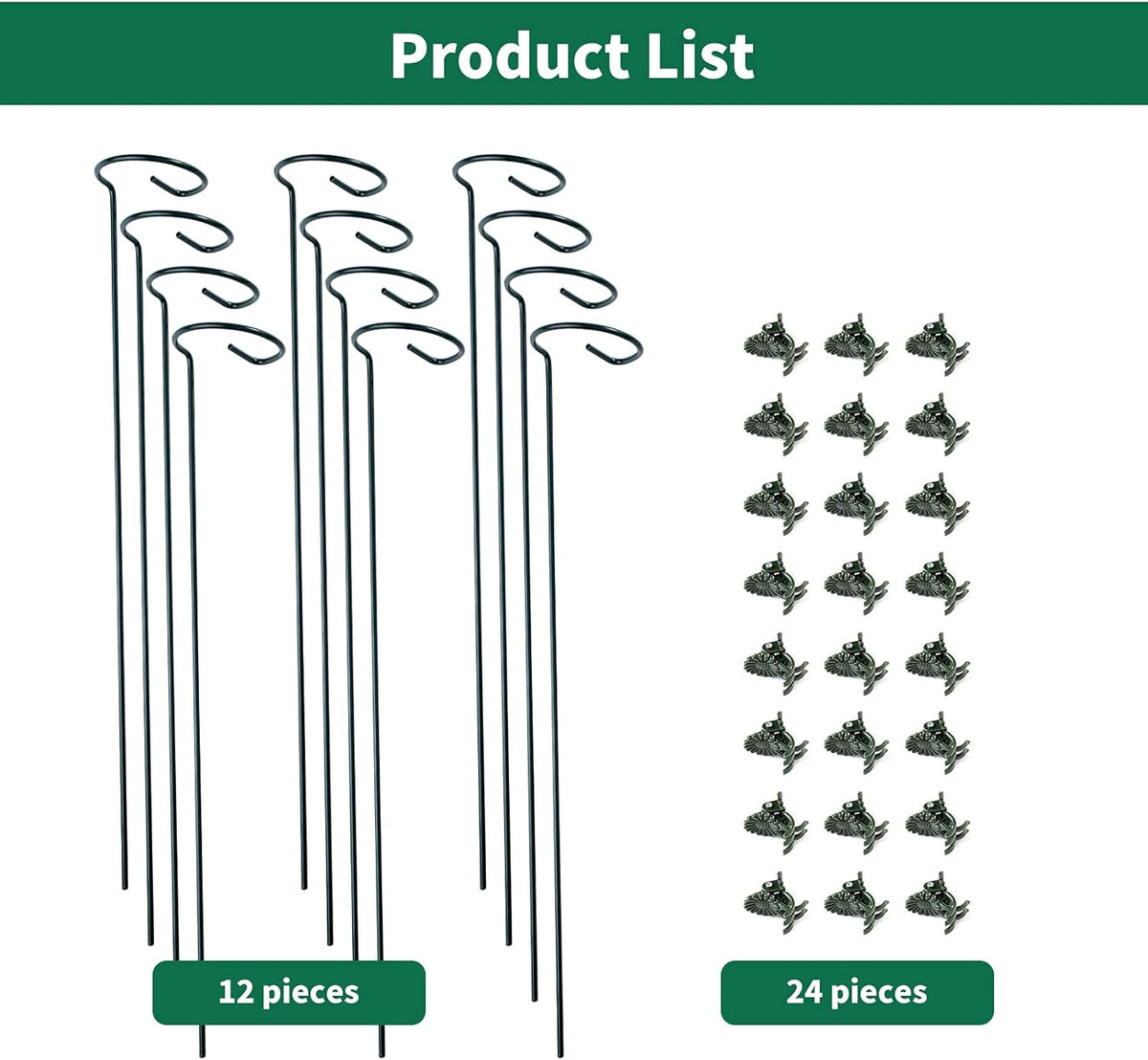 12 Pack Plant Support Stakes with 24 Pcs Plant Clips, Garden Single Stem Support Stake, Plant Cage
