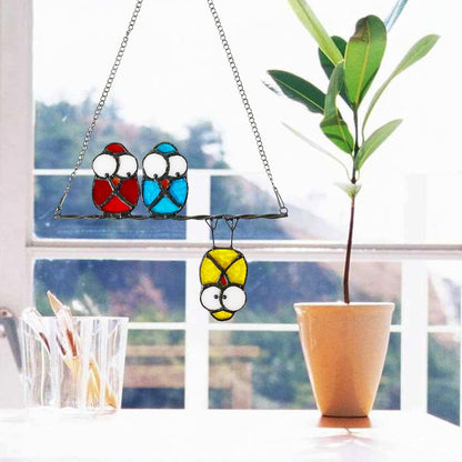 Double-Side High Stained Glass Suncatcher Panel, Multicolor Owls Suncatcher for Windows Doors Room
