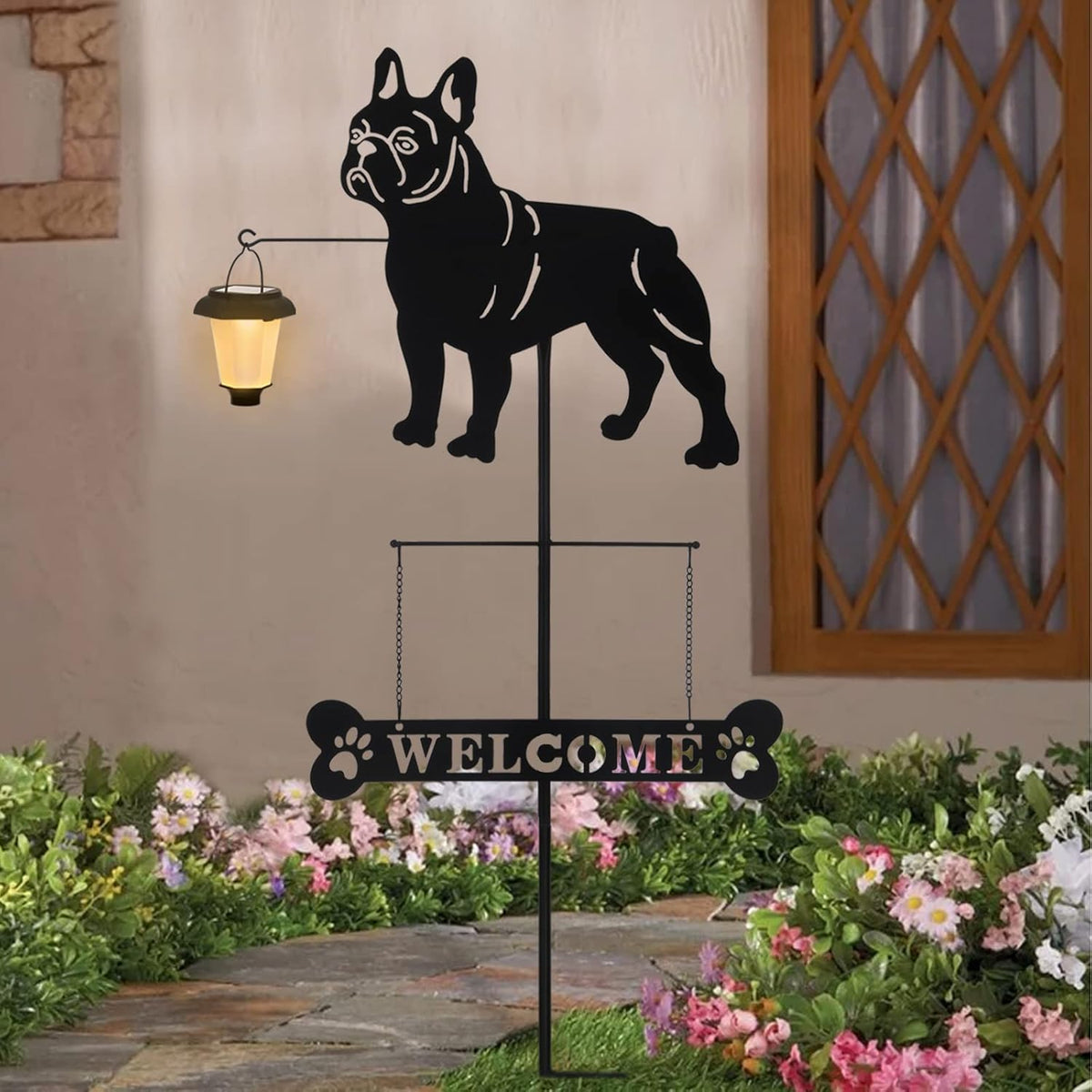 BAYN Solar French Bulldog Silhouette Dog Breed Welcome Sign with a Lantern Outdoor Decorative