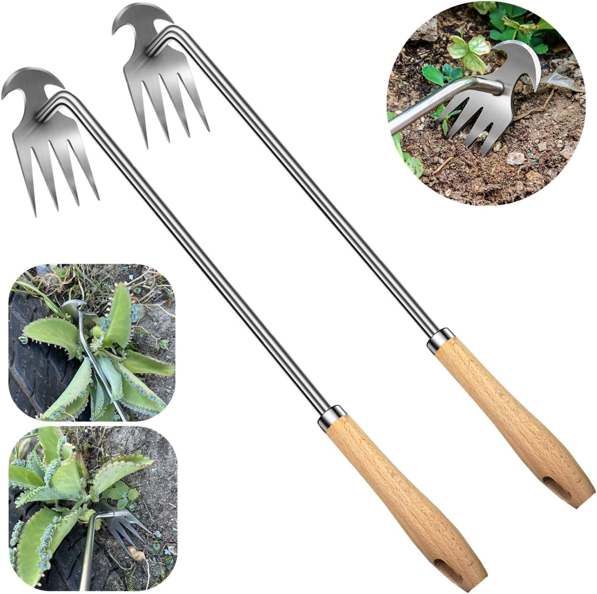 2pack 16inch Weed Puller Tool,Weeding Tool,4 Teeth Stainless Steel Hand Weeder for Effortless