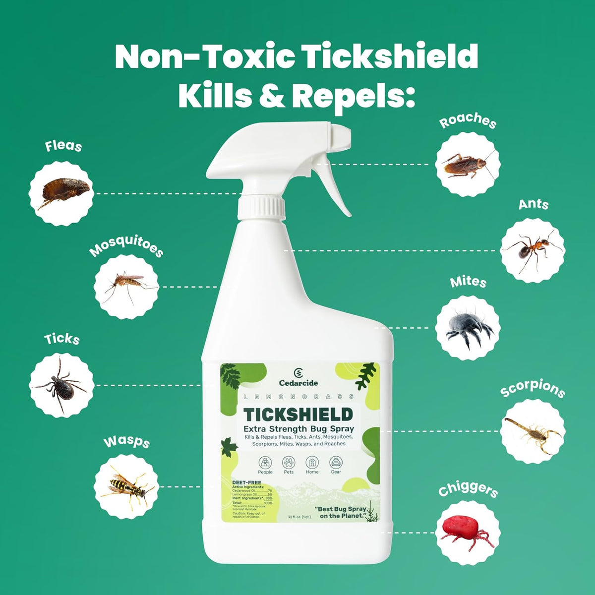 Cedarcide Extra- Strength Tickshield | Deep Woods Cedar Oil Tick & Mosquito Repellent Spray Kills &