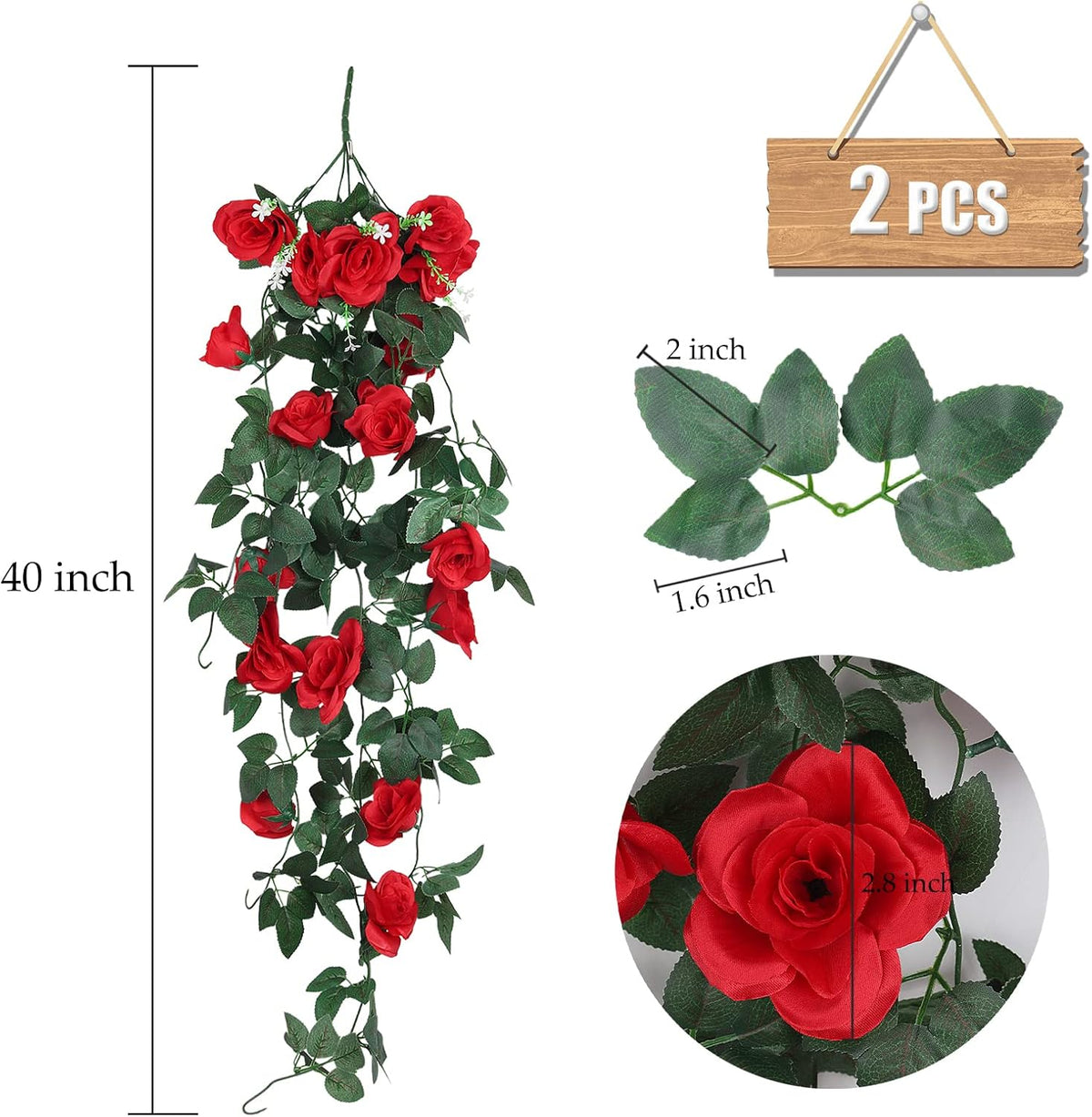 RECUTMS Hanging Flowers Artificial Plants 2PCS 3.3Ft Rose Vine Flower for Home Room Garden Wedding