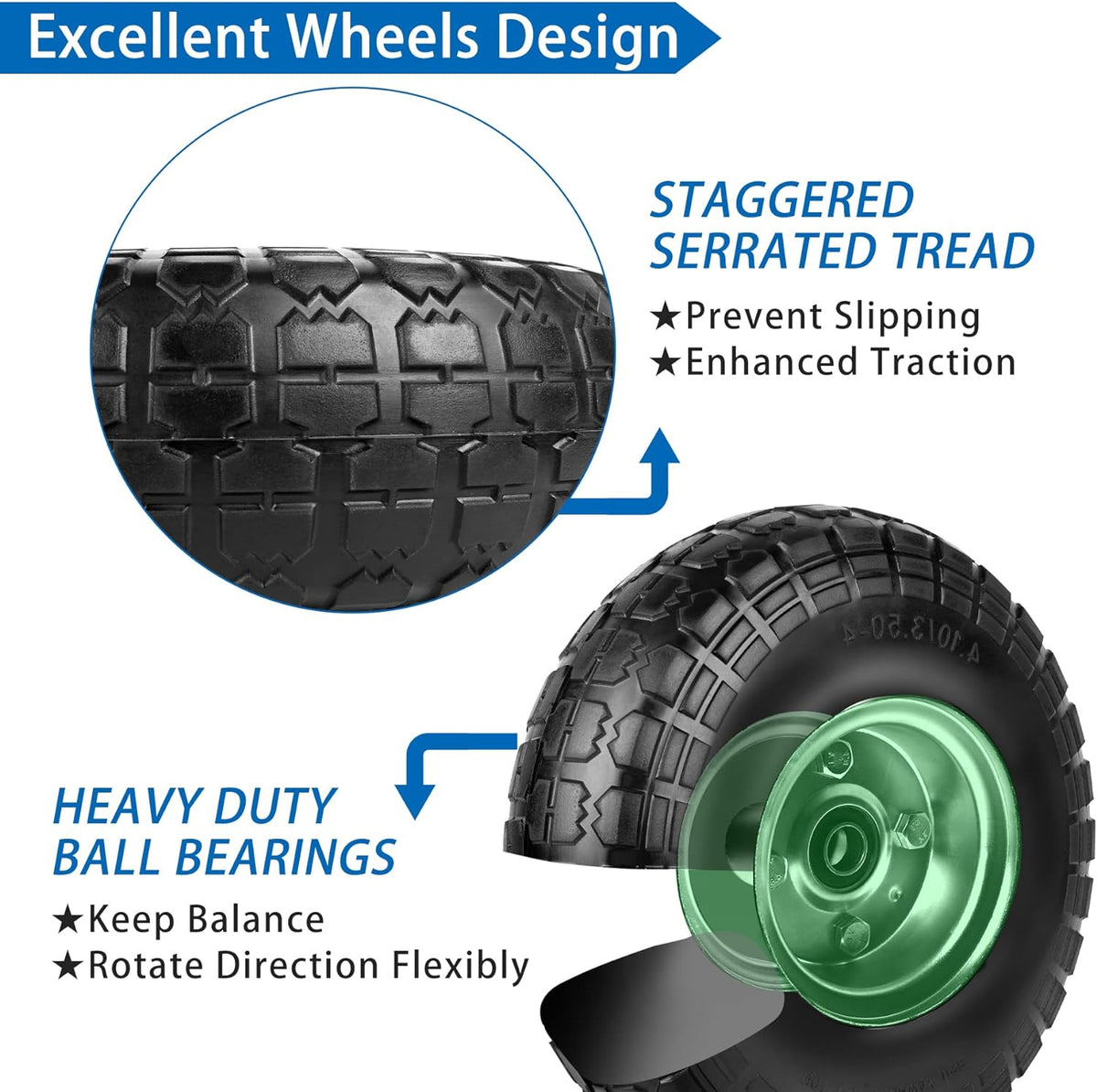 4.10/3.50-4 Tires and Wheels Flat Free 10 Inch Solid Tires Replacement with 5/8" Axle Bore Hole, 16