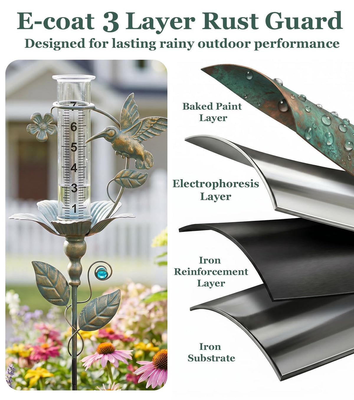 shumi Rain Gauge Outdoor, 7" Hummingbird Rain Gauge for Garden Decor