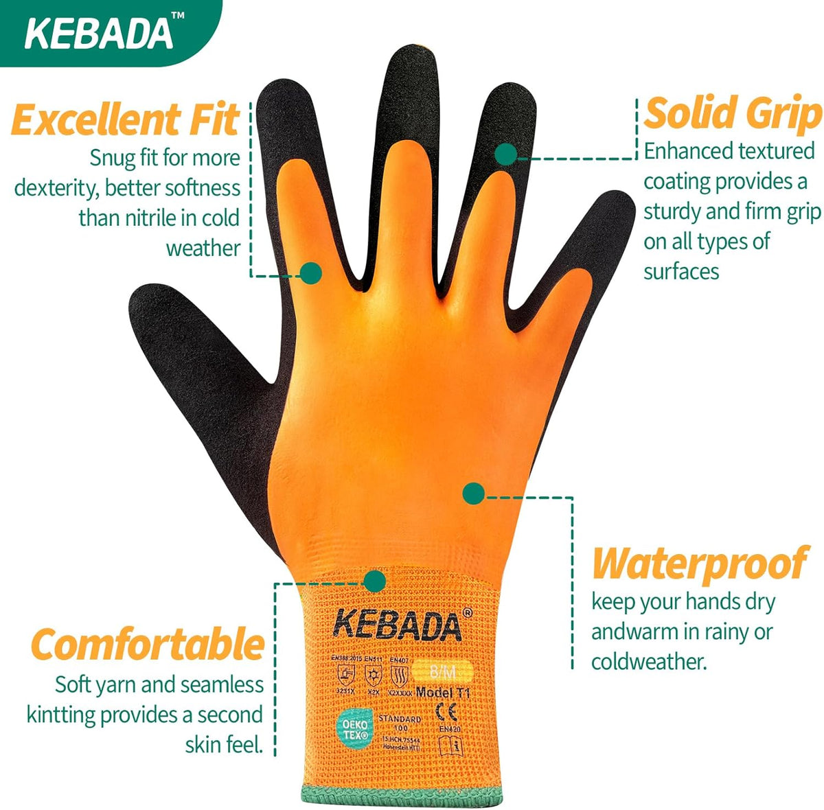 Kebada T1 3 Pairs Waterproof Winter Work Gloves for Men and Women, Warm Work Gloves for Cold