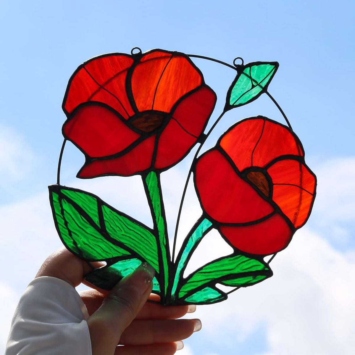 Red Flowers Stained Glass Window Hanging,Artificial Poppy Flower Suncatcher Wall Art Decor,Red