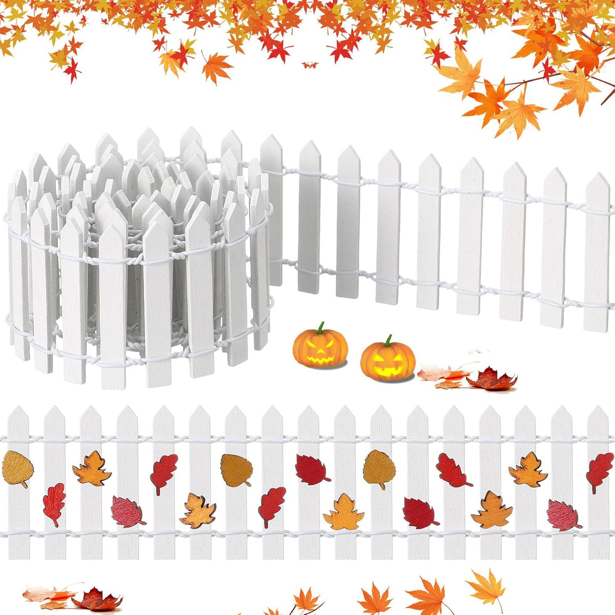 Thyle Thanksgiving DIY Mini Fairy Garden Fence Fall Wood Picket Crafts with 35 Inches Wood Picket