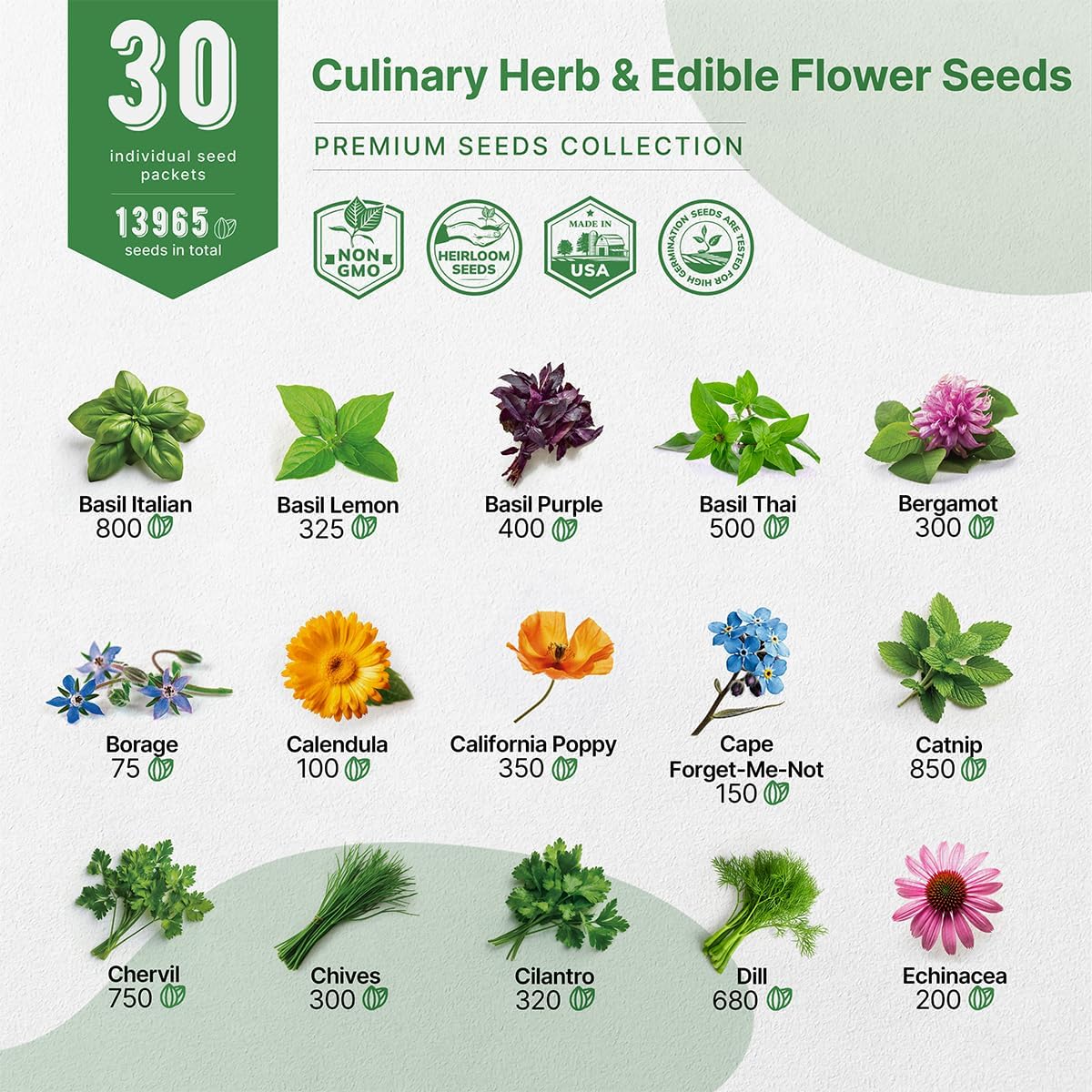 Organo Republic 30 Culinary Herbs & Edible Flower Seed Variety Pack- Indoor/Outdoor. 14000+ Non-GMO