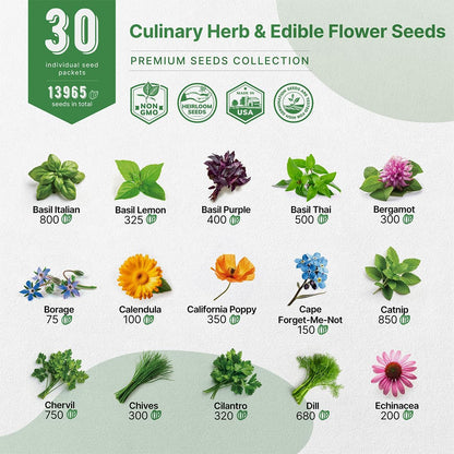 Organo Republic 30 Culinary Herbs & Edible Flower Seed Variety Pack- Indoor/Outdoor. 14000+ Non-GMO