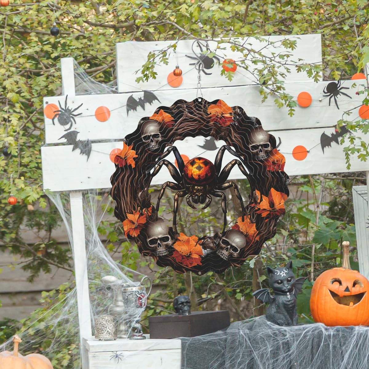 Spider Metal Wind Spinner 3D Hanging Halloween Wind Spinners Decor Skeleton Skull Metal Wind