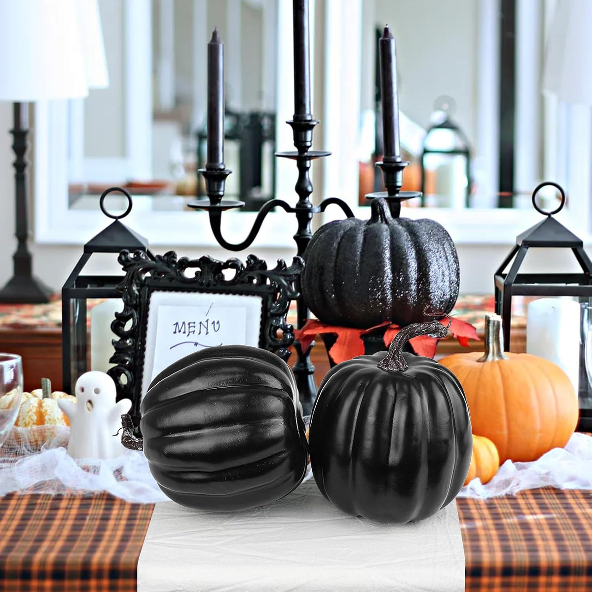 Artmag 6 Inch Large Artificial Pumpkins, 4PCS Big Black Faux Foam Harvest Pumpkins for Fall Autumn