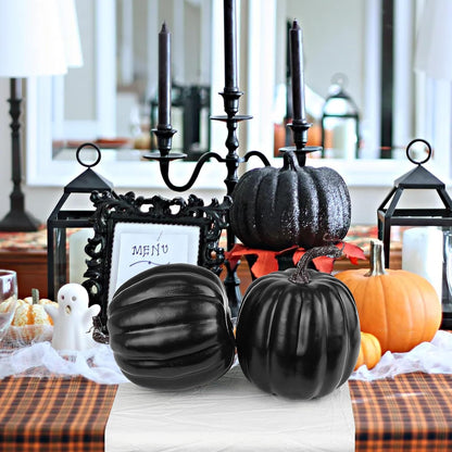 Artmag 6 Inch Large Artificial Pumpkins, 4PCS Big Black Faux Foam Harvest Pumpkins for Fall Autumn
