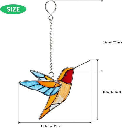 Handmade Stained Glass Hummingbird Hanging Ornament - Colorful 4.3x4.9 Inch Window/Garden Decor for
