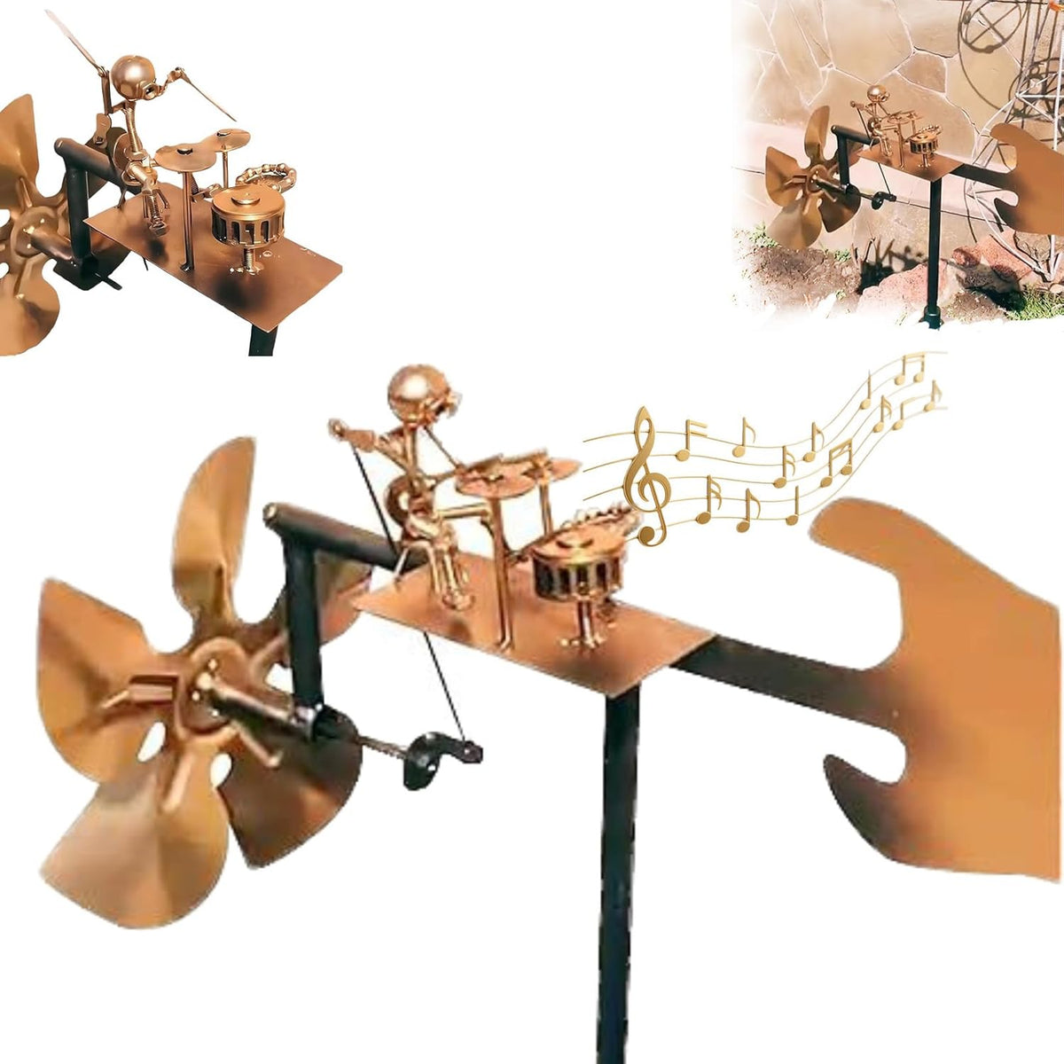 Garden Handmade Metal Rock Band Drummer Guitar Windmill, Kinetic Art Metal Sculpture Wind Spinners