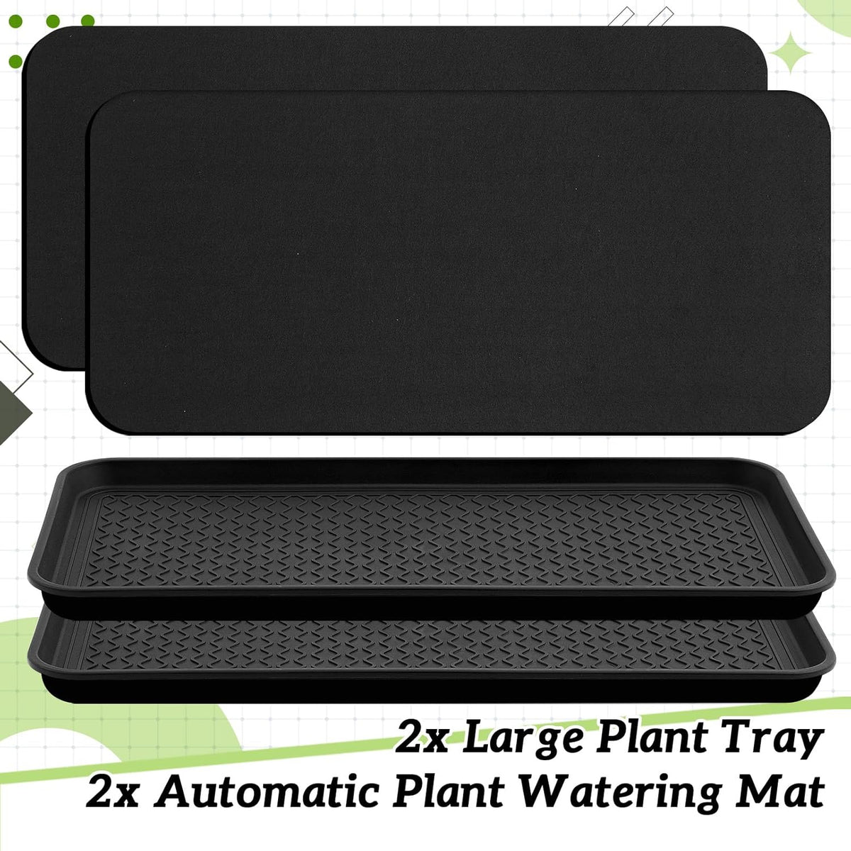 Vesici 2 Set/4 Pcs Large Self-Watering Plant Trays (30"x15") and 3mm Capillary Mat-Automatic