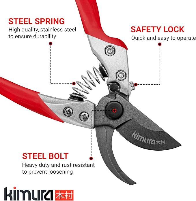 Kimura® 8" Pro Bypass Pruning Shears, Heavy Duty Japanese SK5 Steel Blades, 1 inch Cut Capacity