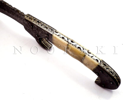 Nooraki MK-2007 Handmade Damascus Steel Fixed Blade Machete/Kukri Knife with Leather Sheath, Full