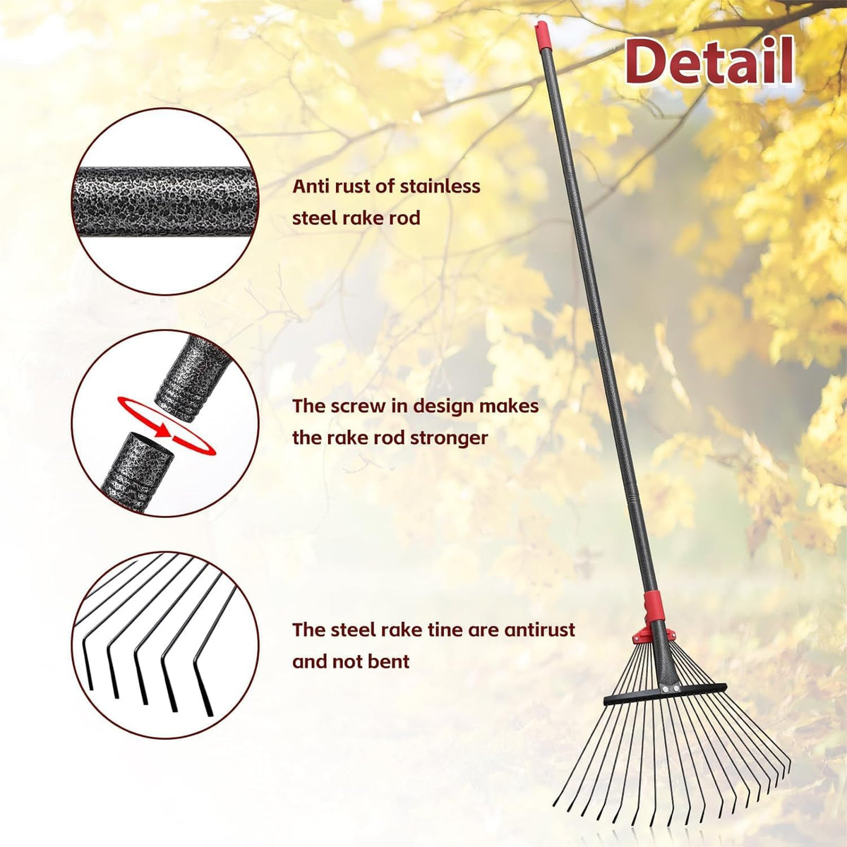 61 Inch Rake for Leaves , Adjustable 18 Tines with Expandable Head 9-18in Grass Rake Heavy Duty