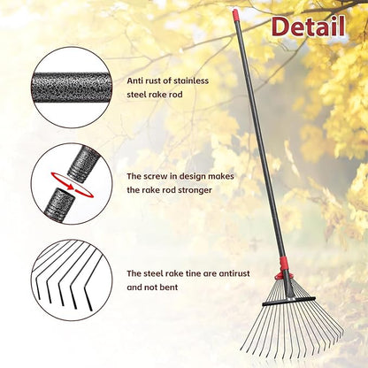 91 Inch Rake for Leaves , Adjustable 18 Tines with Expandable Head 9-18in Grass Rake Heavy Duty
