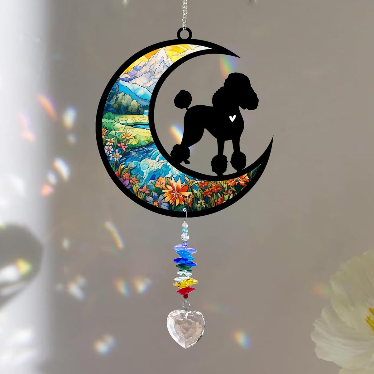 Poodle Suncatcher, Personalized Pet Loss Gift with Name & Date, Heart-Shaped Crystal Sun Catcher