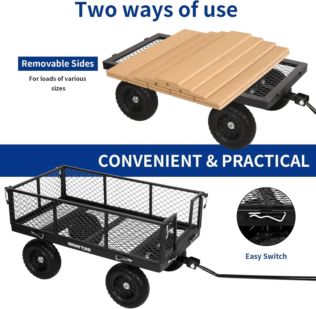 BILT HARD 880 lbs 10" Flat Free Tires Steel Garden Cart with 180° Rotating Handle and Removable