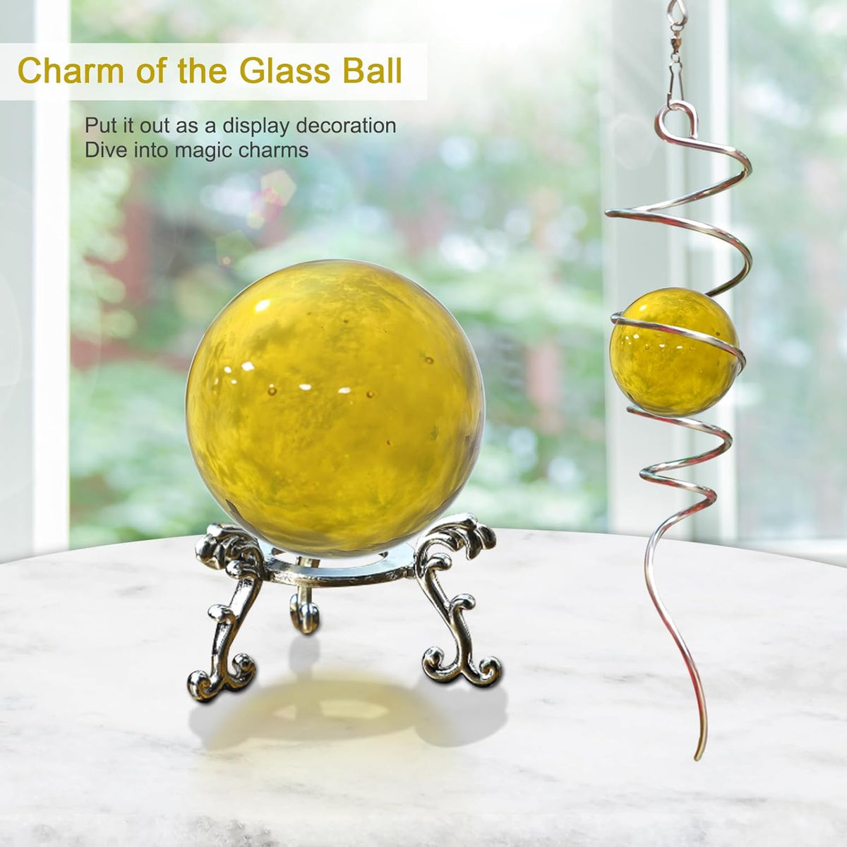 Gazing Ball Spiral Tail with Gold Glass Orb - Wind Spinners Stabilizer for Wind Spinner, Decorative