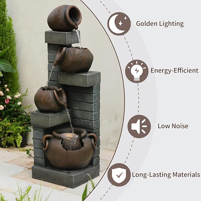 Water Fountain Outdoor 4-Tiers Cascading Realistic Bowls Waterfall Clay Pot Design Outdoor Fountain