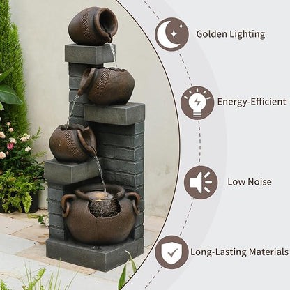 Water Fountain Outdoor 4-Tiers Cascading Realistic Bowls Waterfall Clay Pot Design Outdoor Fountain