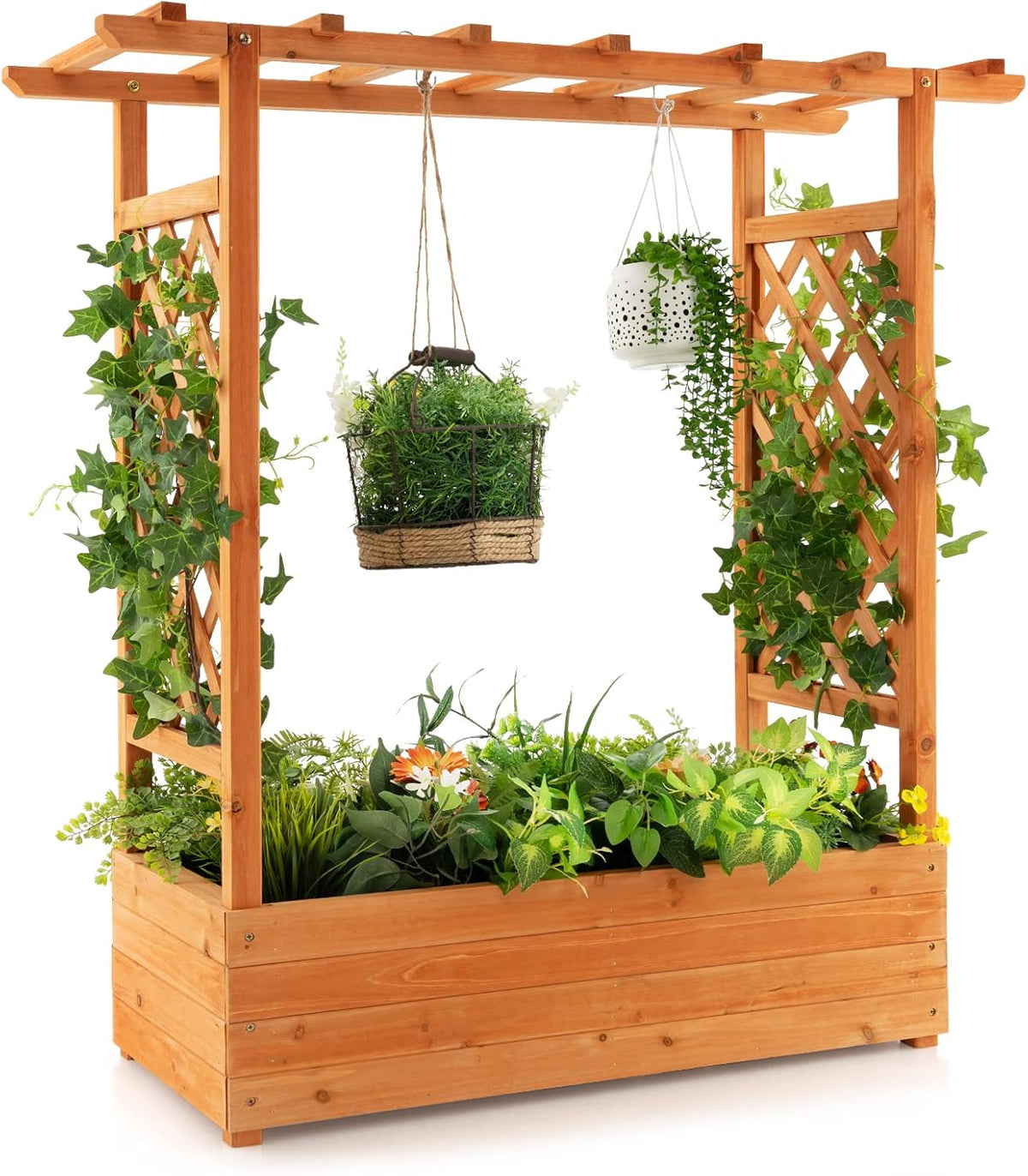 S AFSTAR Raised Garden Bed with Arch Trellis, Wood Planter Box with Hanging Roof, Side Trellis, 4
