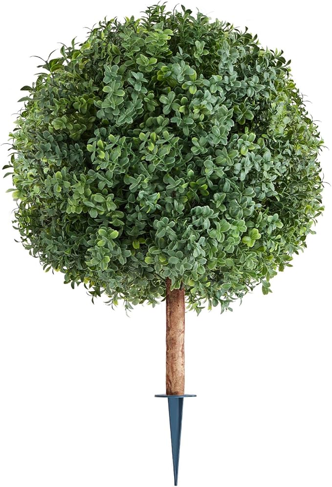 VEVOR Artificial Topiary Boxwood Trees with Ground Spike, 27 inch 2 Set Faux Shrubs & Bushes Potted