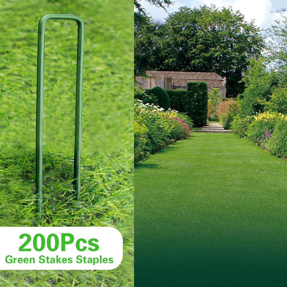 Bakulyor 200Pcs Green Landscape Staples 6 Inch Garden Artificial Turf Stakes Staples, 11 Gauge Lawn