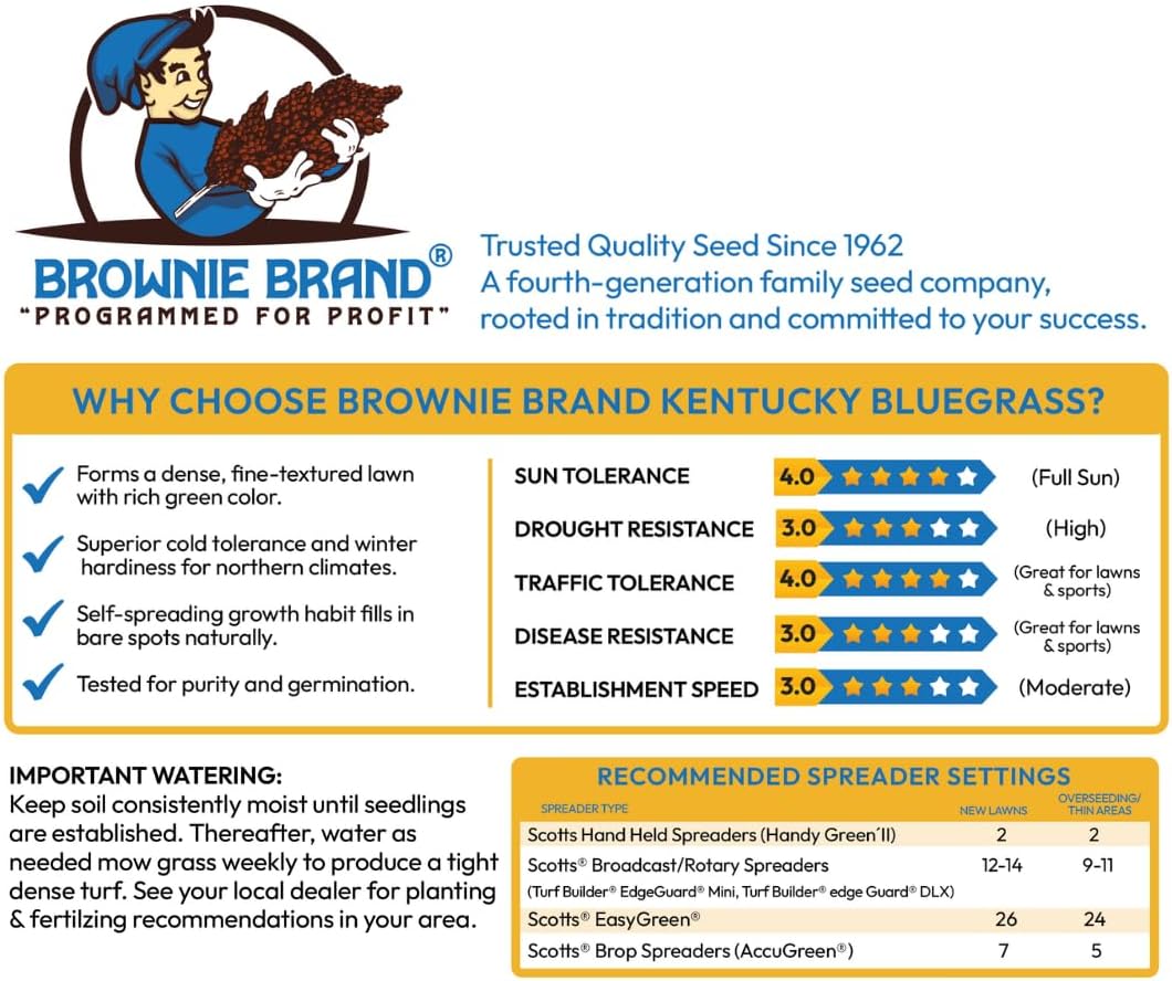 Brownie Brand Kentucky Bluegrass Seed – Premium Lawn Seed for Overseeding, Repairing Bare Spots