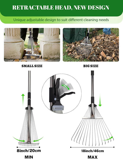 Adjustable Metal Leaf Rake Set Garden Rake for Leaves Long Handle 37"-63" Expandable Head Gardening