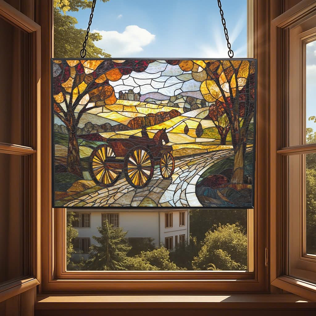 Personalized Rectangle Art Nouveau Carriage Road Suncatchers for Windows, Stained Glass Window