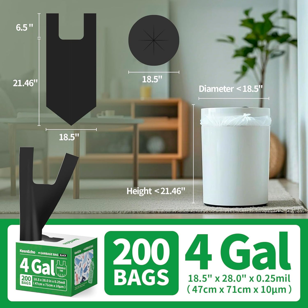 Small Trash Bags with Handles 4 Gallon 200 Count Black - Ocean Plastic Upcycling - Plastic Garbage