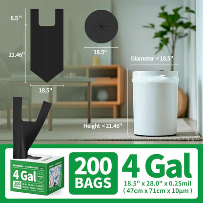 Small Trash Bags with Handles 4 Gallon 200 Count Black - Ocean Plastic Upcycling - Plastic Garbage