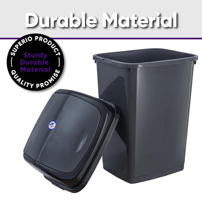 Superio 13 Gallon Plastic Swing Lid Trash Can, Grey/Black 2 Pack, Ideal for Home, Office, Garage