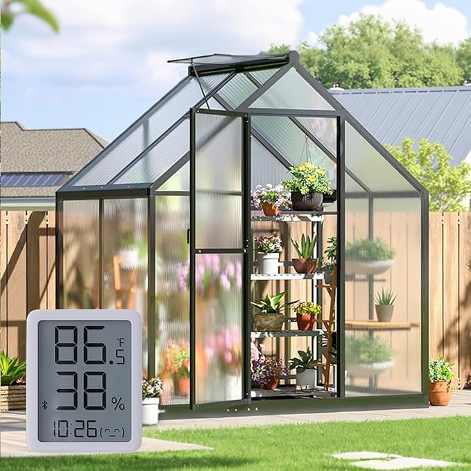 6x4FT Outdoor Greenhouse, Polycarbonate Green House, Small Walk-in Greenhouse with Vented Roof