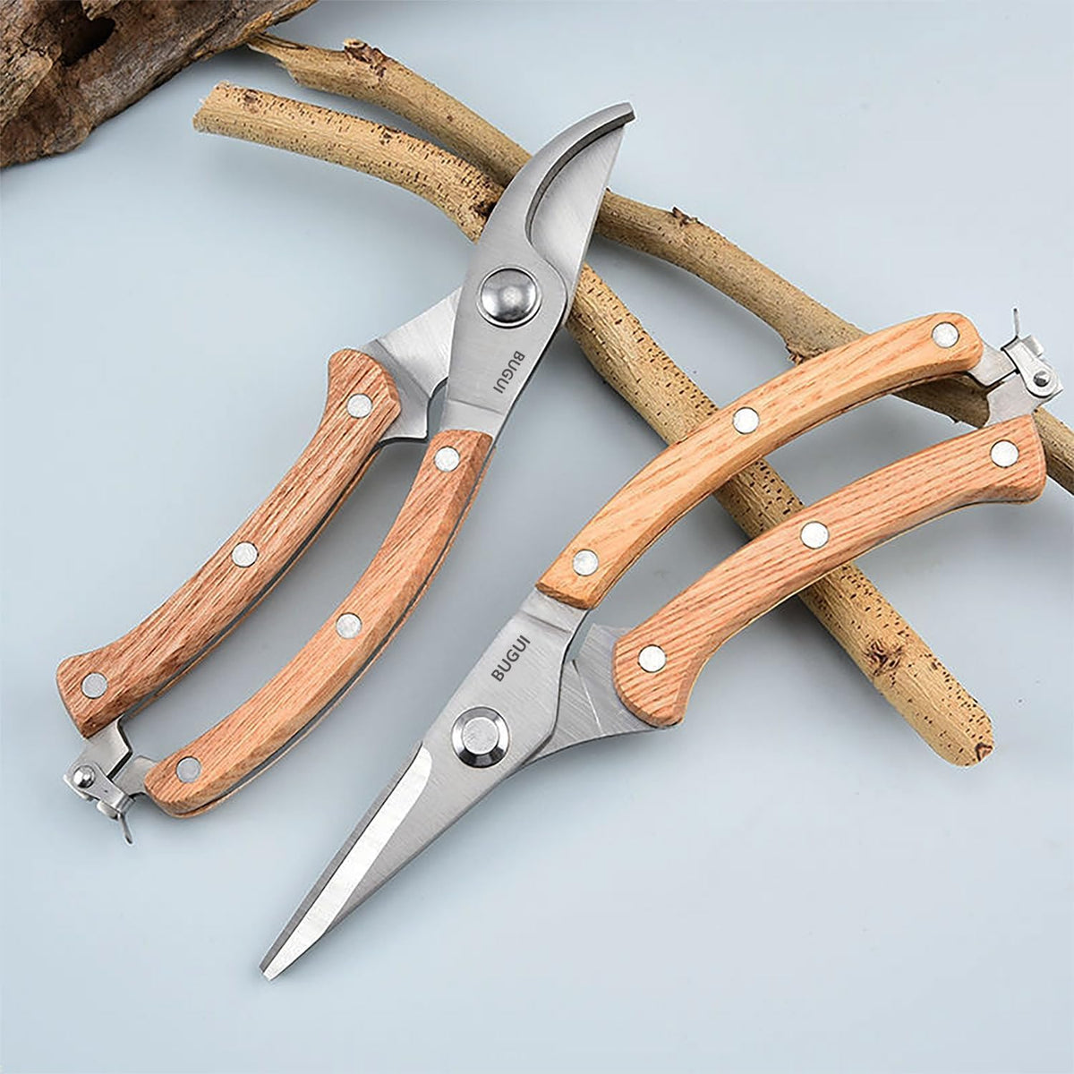 BUGUI 8” Wood Handle Garden Scissors, Set of 2, Includes Bypass Pruning Shears and Long Straight