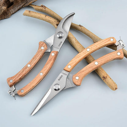 BUGUI 8” Wood Handle Garden Scissors, Set of 2, Includes Bypass Pruning Shears and Long Straight
