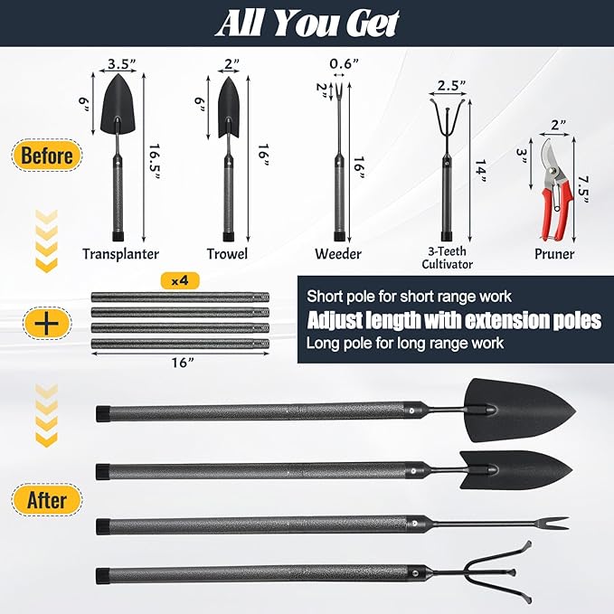 Garden Tool Set with Extended Long Handle, 5 Pieces Stainless Steel Gardening Tool Kit, Gifts for
