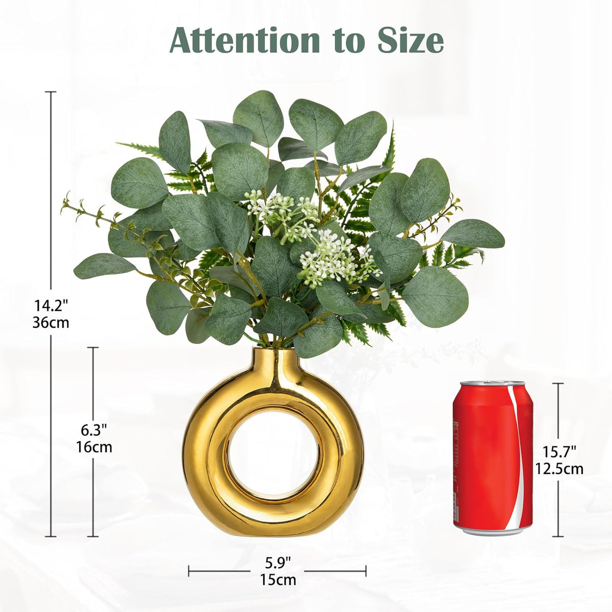 Artificial Eucalyptus Stems in Ceramic Vase 14.23" Fake Eucalyptus Plant Decor Gold Donut Vase with