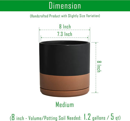 D'vine Dev 8 Inch Ceramic Planter Pot with Drainage Hole and Saucer, Indoor Cylinder Round Planter