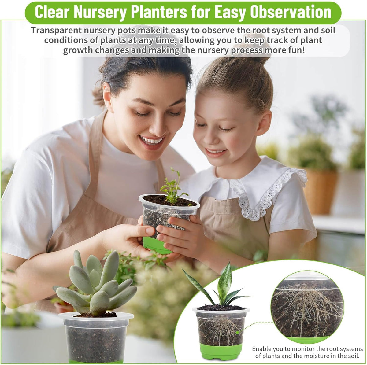 Caffox 57PCS Reusable Seed Starter Kit Includes 26 Packs 4" Clear Nursery Pots with Silicone Base