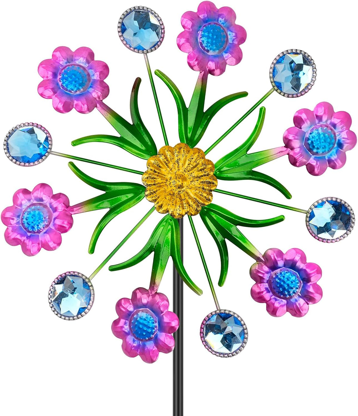Purple Flowers Outdoor Wind Spinner, 36" Metal Wind Sculpture with Stake, Wind Spinners for Yard