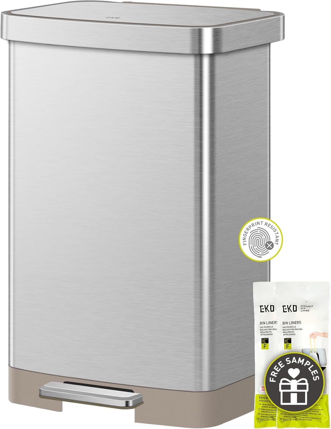 EKO Hudson Matte Stainless 50 Liter/13.2 Gallon Step Trash Can with Rear Trash Bag Storage