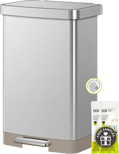 EKO Hudson Matte Stainless 50 Liter/13.2 Gallon Step Trash Can with Rear Trash Bag Storage