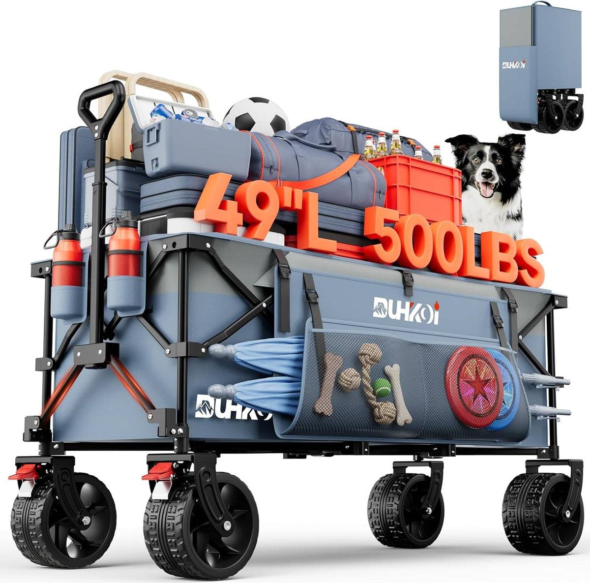 49" L Collapsible Foldable Extended Wagon with 500lbs Weight Capacity,300L Heavy Duty Beach