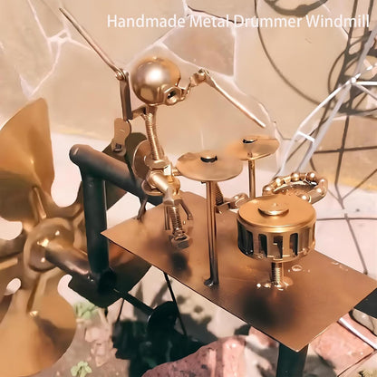 Garden Handmade Metal Rock Band Drummer Guitar Windmill, Kinetic Art Metal Sculpture Wind Spinners