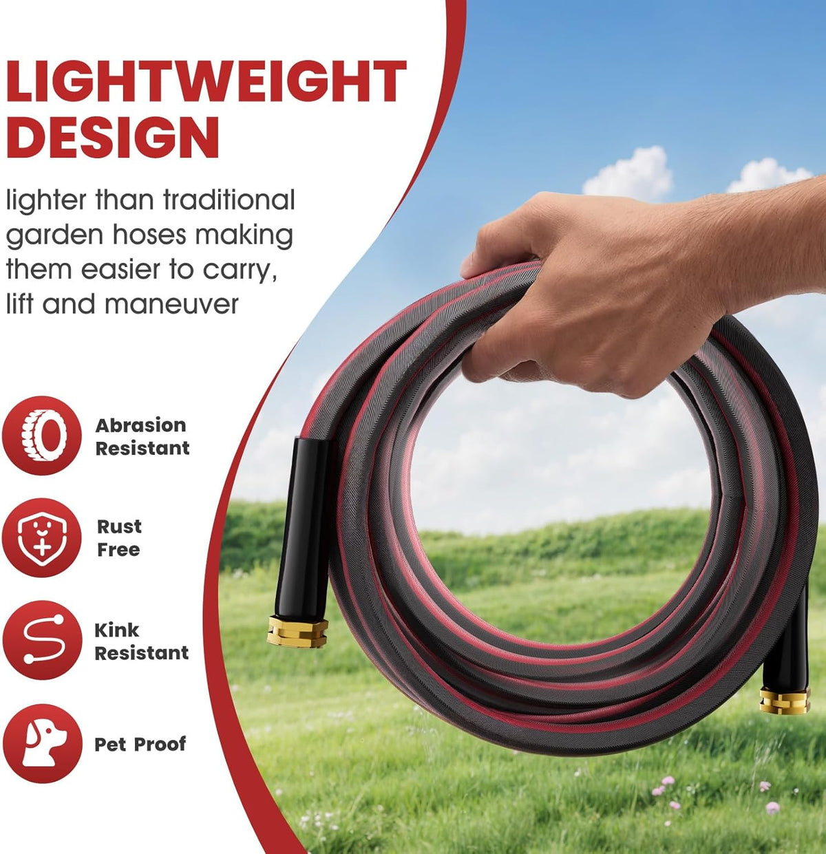 50ft Non-Expanding Garden Hose with 8-Layer Latex Core, Lightweight & Kink-Free, Flexible Heavy